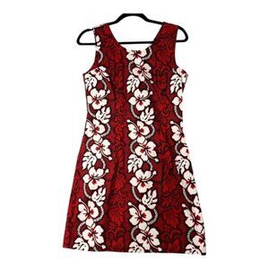 KY'S Hawaiian Red White Hibiscus Floral Print Sleeveless Zip Front Dress Women L